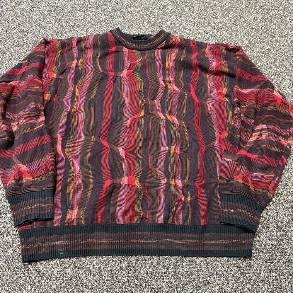 Vintage 1990s Protege 3d Knit Sweater Colorful Black And Red Size Large Pullover